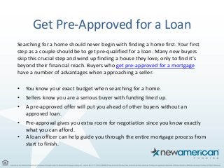 Get Pre-Approved for a Loan
Searching for a home should never begin with finding a home first. Your first
step as a couple should be to get pre-qualified for a loan. Many new buyers
skip this crucial step and wind up finding a house they love, only to find it’s
beyond their financial reach. Buyers who get pre-approved for a mortgage
have a number of advantages when approaching a seller.
• You know your exact budget when searching for a home.
• Sellers know you are a serious buyer with funding lined up.
• A pre-approved offer will put you ahead of other buyers without an
approved loan.
• Pre-approval gives you extra room for negotiation since you know exactly
what you can afford.
• A loan officer can help guide you through the entire mortgage process from
start to finish.
 