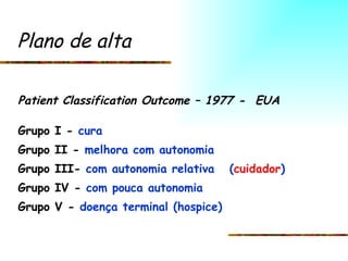Plano de alta Patient Classification Outcome – 1977 -  EUA Grupo I -  cura Grupo II -  melhora com autonomia Grupo III-  com autonomia relativa  ( cuidador ) Grupo IV -  com pouca autonomia Grupo V   -  doença terminal (hospice) 