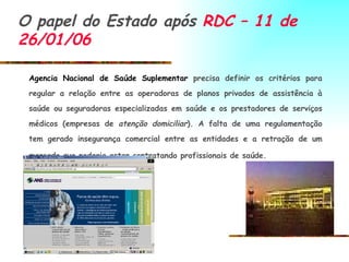 Agencia Nacional de Saúde Suplementar  precisa definir os critérios para regular a relação entre as operadoras de planos privados de assistência à saúde ou seguradoras especializadas em saúde e os prestadores de serviços médicos (empresas de  atenção domiciliar ). A falta de uma regulamentação tem gerado insegurança comercial entre as entidades e a retração de um mercado que poderia estar contratando profissionais de saúde.   O papel do Estado após  RDC – 11 de 26/01/06 