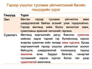 Гэрээр үзүүлэх тусламж үйлчилгээний багийн
гишүүдийн үүрэг
Гишүүд
Эмч

Сувилагч

Үүрэг
Өвчтөн
гэрээр
тусламж
үйлчилгээ
авах
шаардлагатай байгаа эсэхийг үзэж тодорхойлно.
Гэрээр өвчтөнд хийж болох эмчилгээг зааж,
сувилгааны ерөнхий чиглэлийг гаргана.
Өвчтөнд мэргэжлийн дагуу биечлэн сувилгаа
хийхээс гадна тэдний гэр бүлийнхэнд хэрхэн
асаргаа сувилгаа хийх талаар зааж сургана. Бусад
мэргэжилтний гэрээр үзүүлэх үйлчилгээг зохион
байгуулж,
шаардлагатай
тохиолдолд
тэдэнд
зөвлөгөө
өгнө.
Зардал
багатай,
чанартай
тусламжийг хэрхэн хүргэж болох тал дээр
судалгаатай ажиллана.

 