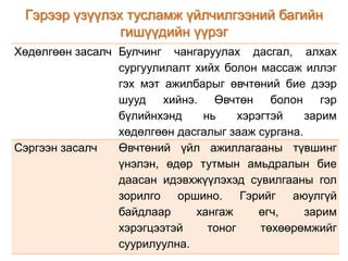 Гэрээр үзүүлэх тусламж үйлчилгээний багийн
гишүүдийн үүрэг
Хөдөлгөөн засалч Булчинг чангаруулах дасгал, алхах
сургуулилалт хийх болон массаж иллэг
гэх мэт ажилбарыг өвчтөний бие дээр
шууд хийнэ. Өвчтөн болон гэр
бүлийнхэнд
нь
хэрэгтэй
зарим
хөдөлгөөн дасгалыг зааж сургана.
Сэргээн засалч
Өвчтөний үйл ажиллагааны түвшинг
үнэлэн, өдөр тутмын амьдралын бие
даасан идэвхжүүлэхэд сувилгааны гол
зорилго оршино. Гэрийг аюулгүй
байдлаар
хангаж
өгч,
зарим
хэрэгцээтэй
тоног
төхөөрөмжийг
суурилуулна.

 