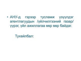 • АНУ-д гэрээр тусламж үзүүлдэг
агентлагуудын /үйлчилгээний газар/
үүрэг, үйл ажиллагаа өөр өөр байдаг.

Тухайлбал:

 