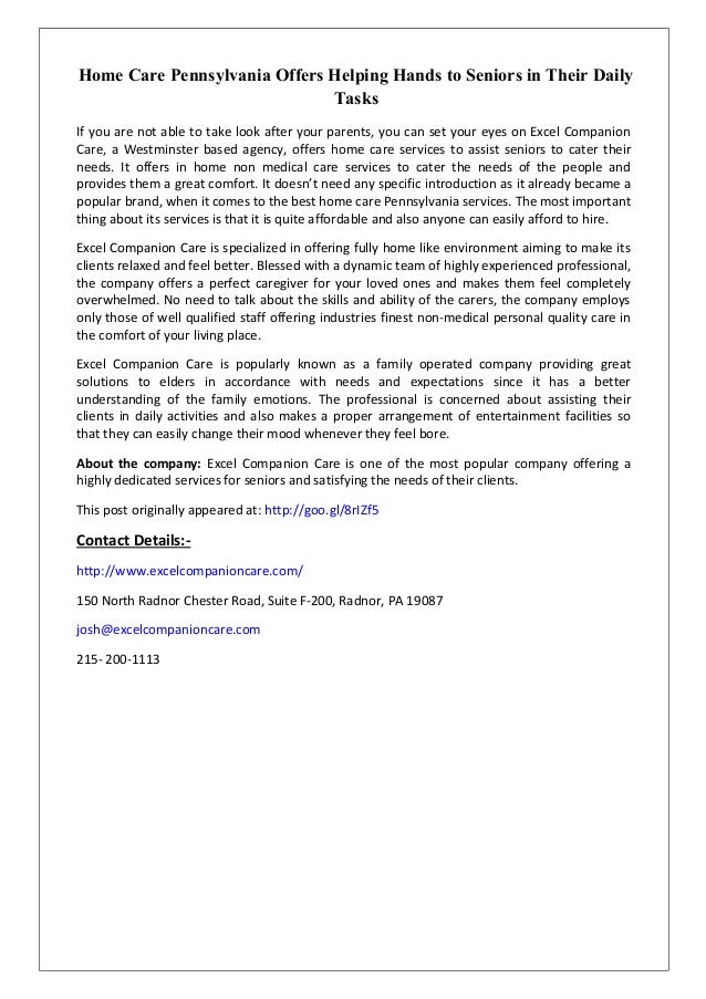 Home Care Pennsylvania Offers Helping Hands to Seniors in Their Daily Tasks