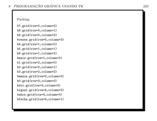 8           ¸˜    ´
    PROGRAMACAO GRAFICA USANDO TK   223


     Packing:
     b7.grid(row=0,column=0)
     b8.grid(row=0,column=1)
     b9.grid(row=0,column=2)
     bvezes.grid(row=0,column=3)
     b4.grid(row=1,column=0)
     b5.grid(row=1,column=1)
     b6.grid(row=1,column=2)
     bmais.grid(row=1,column=3)
     b1.grid(row=2,column=0)
     b2.grid(row=2,column=1)
     b3.grid(row=2,column=2)
     bmenos.grid(row=2,column=3)
     b0.grid(row=3,column=0)
     bdiv.grid(row=3,column=3)
     bigual.grid(row=4,column=3)
     babre.grid(row=4,column=0)
     bfecha.grid(row=4,column=1)
 