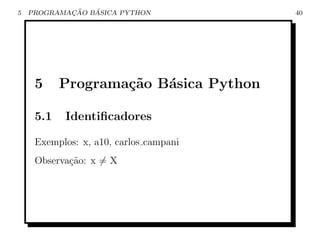 5           ¸˜   ´
    PROGRAMACAO BASICA PYTHON           40




     5     Programa¸˜o B´sica Python
                   ca   a

     5.1   Identiﬁcadores

     Exemplos: x, a10, carlos campani
     Observa¸˜o: x = X
            ca
 