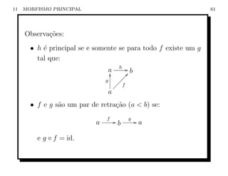11   MORFISMO PRINCIPAL                                          61




     Observa¸˜es:
            co
       • h ´ principal se e somente se para todo f existe um g
           e
         tal que:
                                      h   Gb
                                 a
                                 y        d
                                       ÐÐÐ
                                g
                                    ÐÐÐf
                                  ÐÐ
                                 a
       • f e g s˜o um par de retra¸˜o (a  b) se:
                a                 ca
                                f         g
                            a        Gb        Ga

         e g ◦ f = id.
 