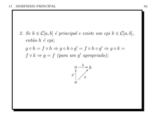 11   MORFISMO PRINCIPAL                                            64




      2. Se h ∈ C[a, b] ´ principal e existe um epi k ∈ C[a, b],
                        e
         ent˜o h ´ epi;
            a    e
         g◦h=f ◦h⇒g◦h◦g =f ◦h◦g ⇒g◦k =
         f ◦ k ⇒ g = f (para um g apropriado);
                                           h    Gb
                                    a
                                    y
                                              ÐÐd
                                g          ÐÐÐ
                                        ÐÐÐ k
                                    a
 