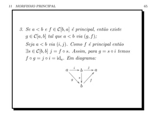 11   MORFISMO PRINCIPAL                                        65




      3. Se a  b e f ∈ C[b, a] ´ principal, ent˜o existe
                                e               a
         g ∈ C[a, b] tal que a  b via (g, f );
         Seja a  b via (i, j). Como f ´ principal ent˜o
                                        e               a
         ∃s ∈ C[b, b] j = f ◦ s. Assim, para g = s ◦ i temos
         f ◦ g = j ◦ i = ida . Em diagrama:
                                  i        j
                             aa       Gb        Ga
                               aa               d
                                 aa          ÑÑÑ
                                g  aa s ÑÑÑ
                                     a0  ÑÑ f
                                      b
 