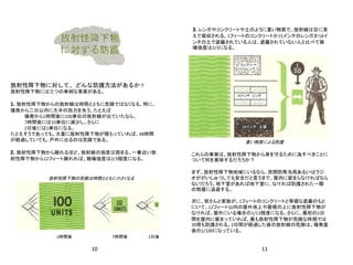 10 11
放射性降下物
に対する防護
1時間後 7時間後 2日後
放射性降下物の危険は時間とともに小さくなる
重い物質による防護
12“コンクリート
15iインチ レンガ
18インチ 土壌
放射性降下物に対して、どんな防護方法があるか？
放射性降下物には三つの単純な事実がある。
1. 放射性降下物からの放射線は時間とともに危険ではなくなる。特に、
爆発から二日以内に大半の効力を失う。たとえば
爆発から1時間後に100単位の放射線が出ていたなら、
7時間後には10単位に減少し、さらに
2日後には1単位になる。
たとえそうであっても、大量に放射性降下物が積もっていれば、48時間
が経過していても、戸外に出るのは危険である。
2. 放射性降下物から離れるほど、放射線の強度は弱まる。一番近い放
射性降下物から12フィート離れれば、被曝強度は2/3程度になる。
3. レンガやコンクリートや土のように重い物質で、放射線は目に見
えて吸収される。1フィートのコンクリートか15インチのレンガか18イ
ンチの土で遮蔽されている人は、遮蔽されていない人と比べて被
曝強度は2/3になる。
これらの事実は、放射性降下物から身を守るために為すべきことに
ついて何を意味するだろうか？
まず、放射性降下物地域にいるなら、民間防衛当局あるいはラジ
オががいしゅつしても安全だと言うまで、屋内に留まらなければなら
ないだろう。地下室があれば地下室に、なければ防護された一階
の部屋に退避する。
次に、皆さんと家族が、1フィートのコンクリートと等価な遮蔽のもと
にいて、12フィート以内の屋外地上や屋根の上に放射性降下物が
なければ、屋外にいる場合の1/13程度になる。さらに、最初の2日
間を屋内に留まっていれば、最も放射性降下物が危険な時期では
30倍も防護される。2日間が経過した後の放射線の危険は、爆発直
後の1/100になっている。
 