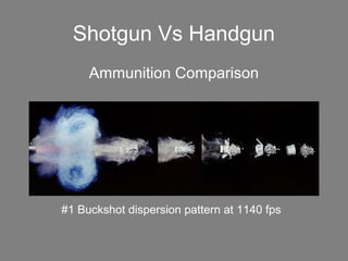 Shotgun Vs Handgun
Ammunition Comparison
#1 Buckshot dispersion pattern at 1140 fps
 