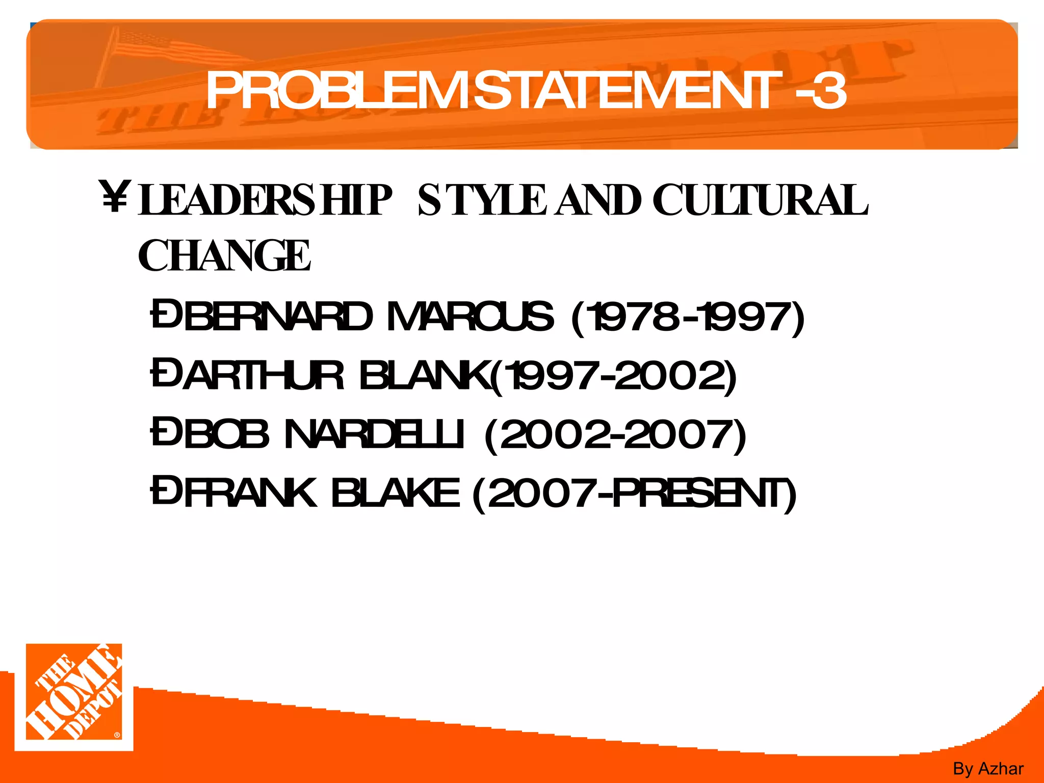 PROBLEM STATEMENT -3 LEADERSHIP  STYLE AND CULTURAL CHANGE BERNARD MARCUS (1978-1997) ARTHUR BLANK(1997-2002) BOB NARDELLI (2002-2007) FRANK BLAKE (2007-PRESENT) By Azhar 