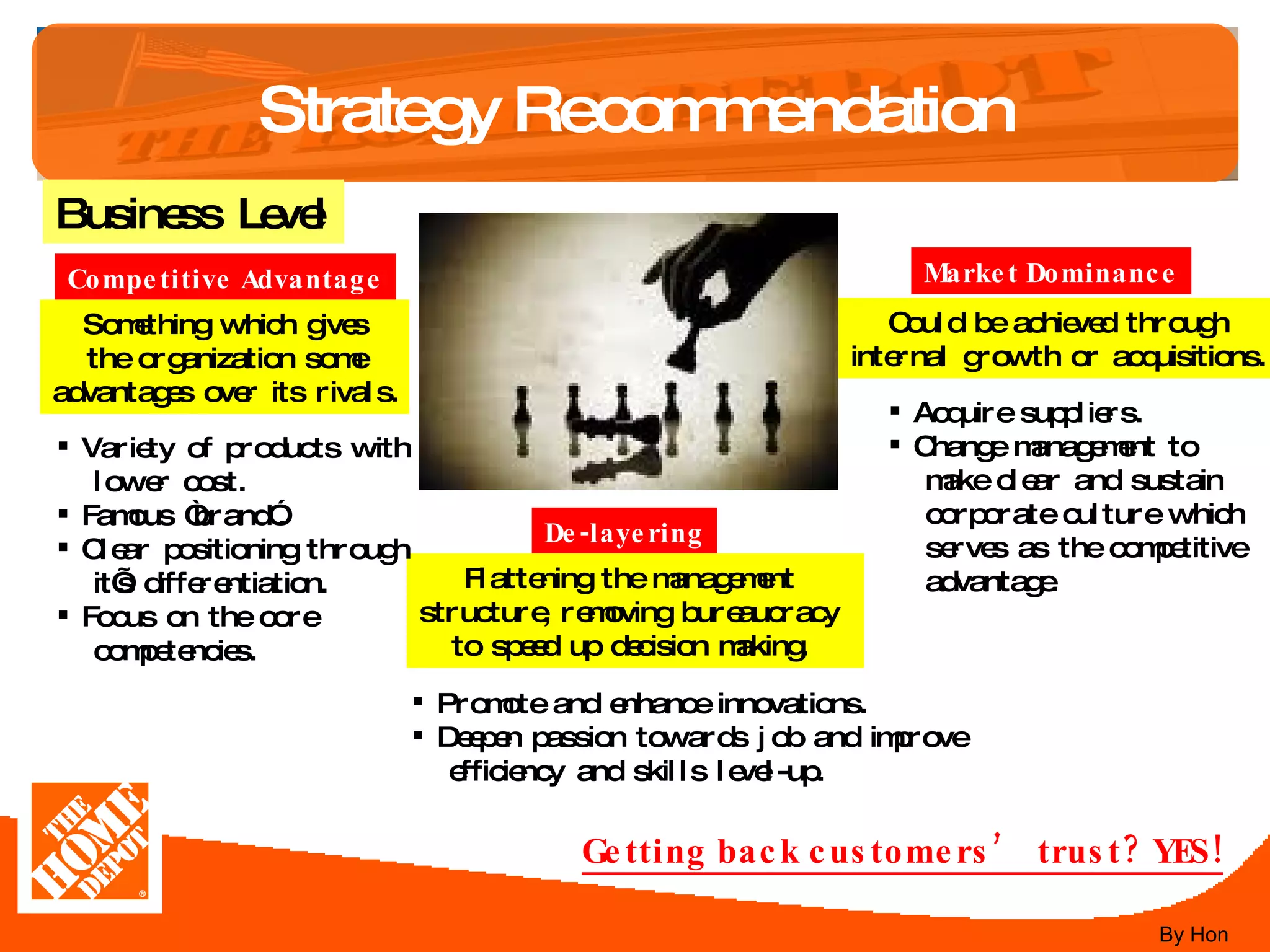 Strategy Recommendation Business Level Market Dominance Competitive Advantage De-layering Something which gives the organization some advantages over its rivals. Could be achieved through internal growth or acquisitions. Flattening the management  structure, removing bureaucracy  to speed up decision making.  Getting back customers ’  trust? YES! Variety of products with lower cost. Famous  “ brand ” . Clear positioning through it ’ s differentiation. Focus on the core competencies.  Acquire suppliers. Change management to make clear and sustain corporate culture which serves as the competitive advantage. Promote and enhance innovations. Deepen passion towards job and improve efficiency and skills level-up.  By Hon 