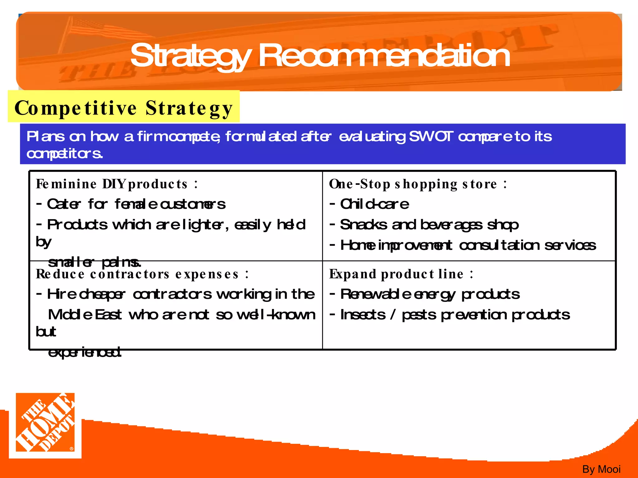 Strategy Recommendation Competitive Strategy Plans on how a firm compete, formulated after evaluating SWOT compare to its competitors. By Mooi Feminine DIY products : Cater for female customers Products which are lighter, easily held by smaller palms. One-Stop shopping store : Child-care Snacks and beverages shop Home improvement consultation services Reduce contractors expenses : Hire cheaper contractors working in the Middle East who are not so well-known but experienced. Expand product line : Renewable energy products Insects / pests prevention products 