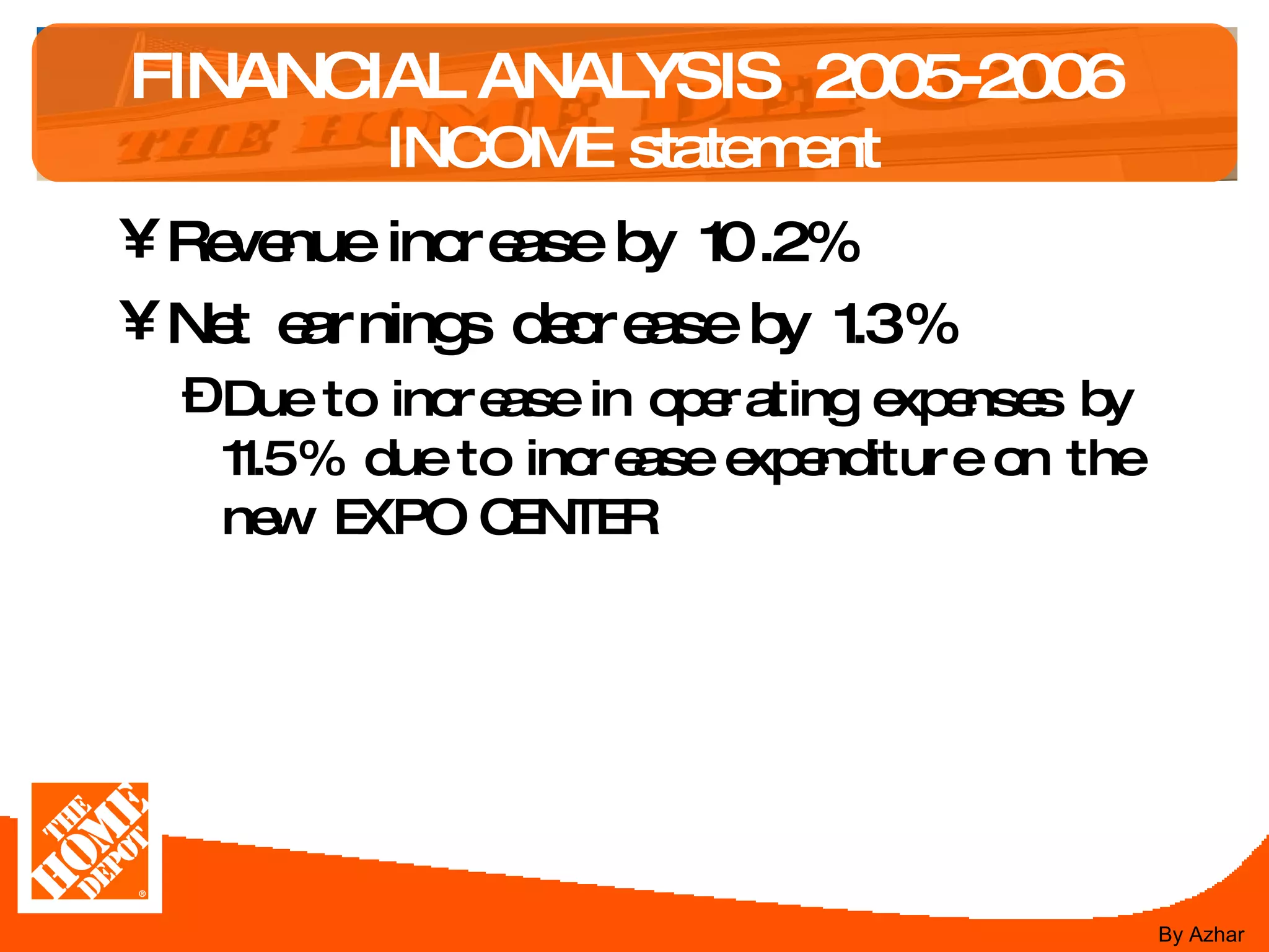 FINANCIAL ANALYSIS  2005-2006   INCOME statement Revenue increase by 10.2%  Net earnings decrease by 1.3% Due to increase in operating expenses by 11.5% due to increase expenditure on the new EXPO CENTER  By Azhar 