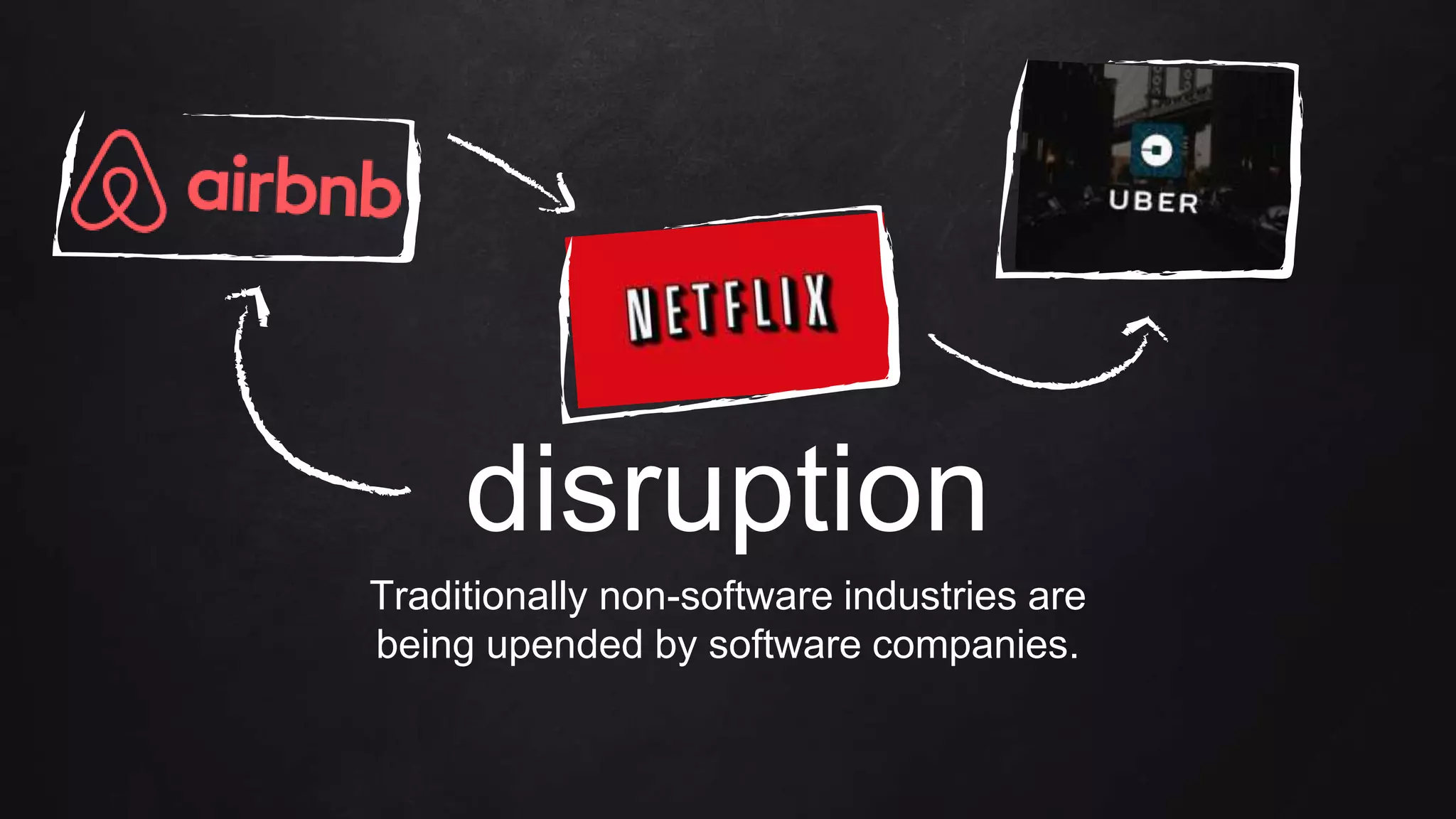 disruption
Traditionally non-software industries are
being upended by software companies.
 