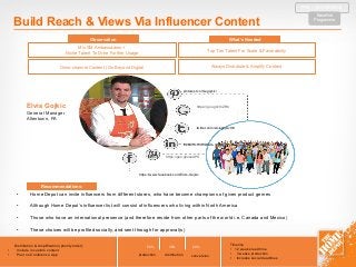 Distribution & Amplification (priority order):
• Include in custom content
• Post on Conference App
50% 30% 20%
production distribution conversion
Timeline
• 12 weeks lead time
• 3 weeks production
• Includes social deadlines
Mix SM Ambassadors +
Niche Talent To Drive Further Usage
Top Tier Talent For Scale & Favorability
Omni-channel Content | Go Beyond Digital Always Distribute & Amplify Content
What’s Needed
Build Reach & Views Via Influencer Content
pinterest.com/egojkic/
https://goo.gl/unuAPS
https://www.facebook.com/Elvis-Gojkic
inkedin.com/in/elvis-gojkic
twitter.com/elvisgojkicthd
https://goo.gl/vtnZRbElvis Gojkic
General Manager
Allentown, PA
Baseline
Programme
PRE – CONFERENCE
• Home Depot can invite influencers from different stores, who have become champions of given product genres
• Although Home Depot’s influencer list will consist of influencers who living within North America
• Those who have an international presence (and therefore reside from other parts of the world i.e. Canada and Mexico)
• These choices will be profiled socially, and sent through for approval(s)
Sample
Store
Manger
Profile
Observation
Recommendations:
 