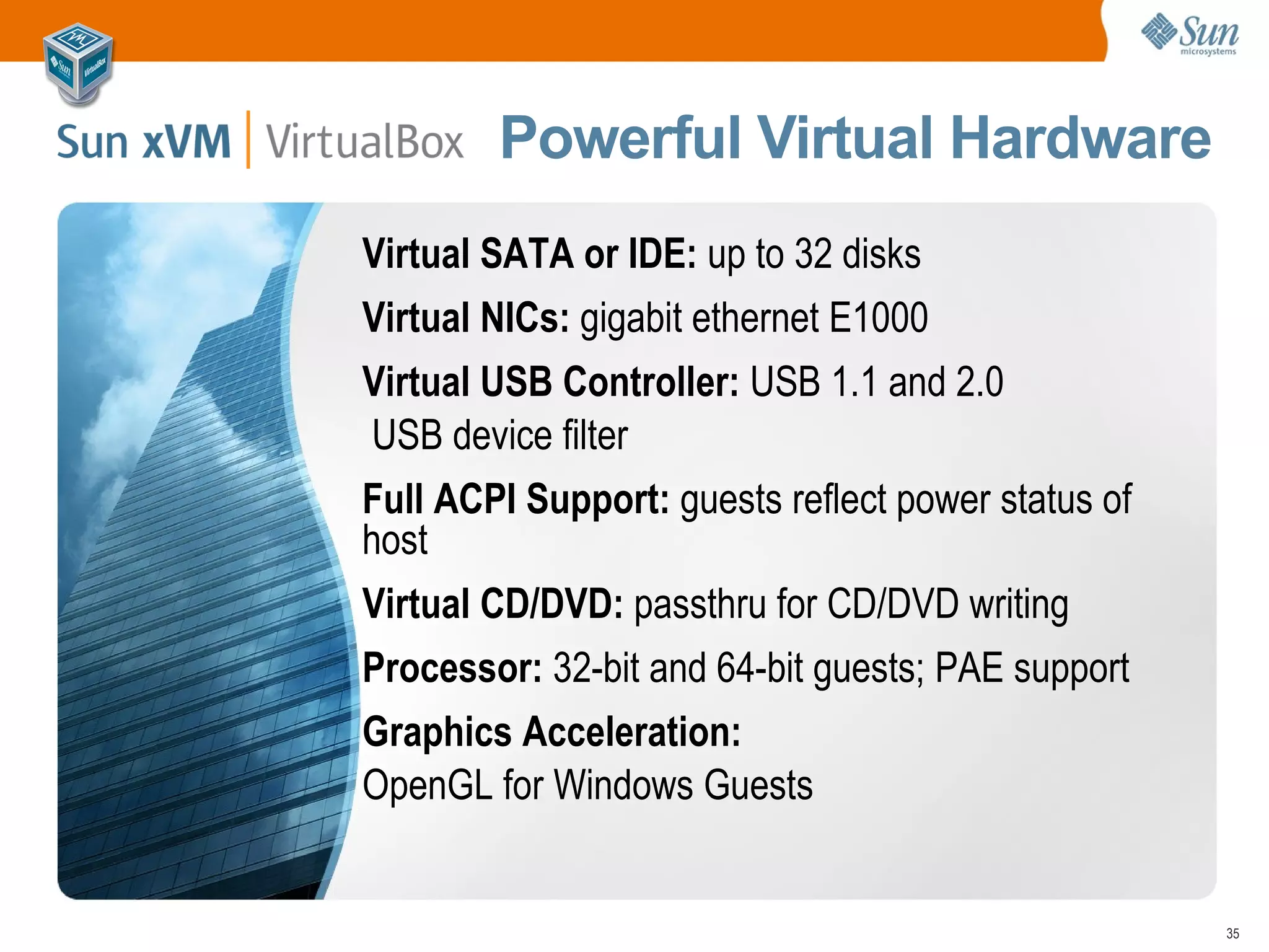 Domain Mobility – Allows users to migrate workload between LDoms without shutting down the application Users can also move workload between different machine types if the Logical Domain is shut down Virtual I/O enhancements Dedicated hardware mapped to a Logical Domain 