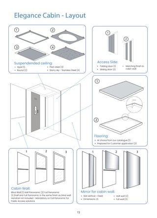 Elegance Cabin - Layout
Suspendended ceiling:
• Opal (1)
• Round (2)
Flooring:
• At choice from our catalogue (1)
• Prepared for Customer application (2)
1
2
Mirror for cabin wall:
2 3
•
•
Half wall (2)
• Full wall (3)
1
3
2
4
• Plain steel (3)
• Starry sky - Stainless Steel (4)
1 2 3 1
•
Dimensions (1)
•
•
Blind Wall (1) Half Panoramic (2) Full Panoramic
(3 )Half and Full Panoramic in the same finish as blind wall
Handrail not included - Mandatory on Full Panoramic for
Public Access solutions
Access Side:
2
1
• Matching finish to
cabin wall
Folding door (1)
Sliding door (2)
Slat vertical - Fixed
Cabin Wall:
15
 