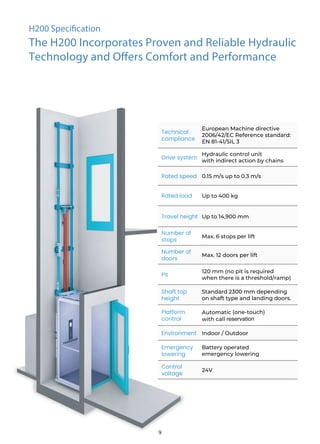 Technical
compliance
European Machine directive
2006/42/EC Reference standard:
EN 81-41/SIL 3
Drive system
Hydraulic control unit
with indirect action by chains
Rated speed 0.15 m/s up to 0.3 m/s
Rated load Up to 400 kg
Travel height Up to 14,900 mm
Number of
stops
Max. 6 stops per lift
Number of
doors
Max. 12 doors per lift
Pit
Shaft top
height
Platform
control
Automatic (one-touch)
with call reservation
Environment Indoor / Outdoor
Emergency
lowering
Battery operated
emergency lowering
Control
voltage
24V
H200 Specification
The H200 Incorporates Proven and Reliable Hydraulic
Technology and Offers Comfort and Performance
120 mm (no pit is required
when there is a threshold/ramp)
Standard 2300 mm depending
on shaft type and landing doors.
9
 