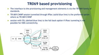 TR069 based provisioning
 The interface to the provisioning and management elements is via the TR-069 family of
standards.
 TR-069 CWMP session tunnelled through IPSec (solid blue line) is the preferred option
where as TR-069 CWMP
 session with SSL (dotted blue line) is the fall back option if IPsec tunneling is not
possible for HMS connectivity.
 