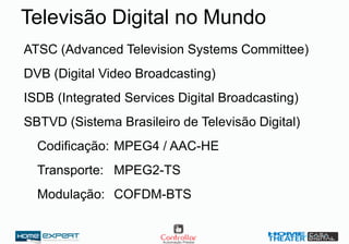 ATSC (Advanced Television Systems Committee)
DVB (Digital Video Broadcasting)
ISDB (Integrated Services Digital Broadcasting)
SBTVD (Sistema Brasileiro de Televisão Digital)
Codificação: MPEG4 / AAC-HE
Transporte: MPEG2-TS
Modulação: COFDM-BTS
Televisão Digital no Mundo
 