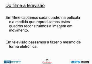 Do filme a televisão
Em filme captamos cada quadro na película
e a medida que reproduzimos estes
quadros reconstruímos a imagem em
movimento.
Em televisão passamos a fazer o mesmo de
forma eletrônica.
 