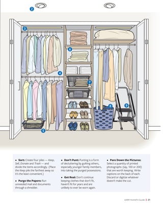 AARP HomeFit Guide | 21
•	Sort: Create four piles — Keep,
Sell, Donate and Trash — and
divide the items accordingly. (Plac...