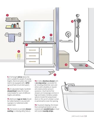 AARP HomeFit Guide | 23
9. A full-length mirror above the
sink is suitable for people of varying
heights. Electrical outle...