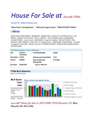 House For Sale at                                                  Zip code 77056.

Houston TX - Galleria/ Uptown area.

“Open Doors, Closing Deals.”     Referral is appreciated. ”‘FREE NOTARY PUBLIC”



BAYOU GLEN- BRIAR MANOR- BRIARCROFT - BROAD OAKS - COURTS AT ST GEORGE PLACE II - DEL
MONTE - DURRETT PLACE VILLAS - HOLLY SPRING - HOLLY SPRINGS CIRCLE- HOMEWOOD -
HUISACHE ACRES - Lamar Terrace - LARCHMONT - Longmont- Mayfair - MC GINTY ACRES - PINE
HOLLOW - PINE SHADOWS- SAGE CHAS - St. George Square - TANGLELANE- TANGLEWOOD - The Villas
of Longmont- West Oaks - Wynden Commons- WYNDEN CRESCENT- WYNDEN OAKS GARDEN HOMES -
WYNDEN PLACE -

77056 Demographics- Source: HAR.com
City:       Houston -        # of Households:          8,610
            Southwest
Population: 14,031           Persons per Household:    2.74
County:         HARRIS       Avg. Income per           $ 71,926
                             Household:
City Alias:     HOUSTON,       Source: HAR.com



77056 MLS Statistics
Based on current MLS data




MLS Quick
     Over
     view

 Number of 441
 Active
 Listings



 Median       $319,000


      * Home for Sale at ZIP CODE 77056 Houston, TX. Ben
Page 1 of 30

Huynh 281.561.5386
 