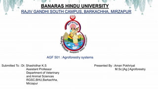 RAJIV GANDHI SOUTH CAMPUS, BARKACHHA, MIRZAPUR
AGF 501 : Agroforestry systems
BANARAS HINDU UNIVERSITY
Submitted To : Dr. Shashidhar K.S Presented By : Aman Pokhriyal
Assistant Professor M.Sc.[Ag.] Agroforestry
Department of Veterinary
and Animal Sciences
RGSC,BHU,Barkachha,
Mirzapur
 