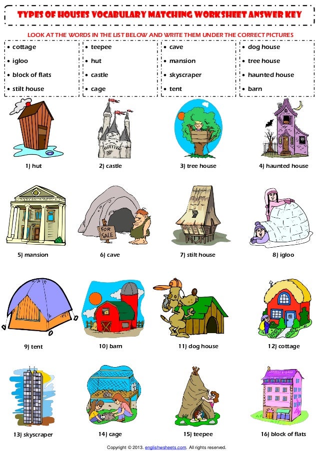 home house types vocabulary matching exercise worksheet