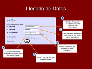 Llenado de Datos Nombre de Usuario,  se recomienda tratar de hacer uno  personalizado Contraseña de preferencia  una diferente a la de su correo electrónico Correo electrónico, de  preferencia el de  mayor uso Opción que nos dice  si deseamos crear nuestro wiki ahora o luego. Hacer Click una vez que  haya terminado  1 2 3 4 5 