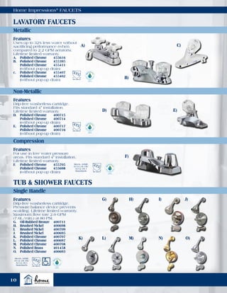 Home Impressions®
FAUCETS
Single Handle
TUB & SHOWER FAUCETS
Metallic
LAVATORY FAUCETS
Non-Metallic
Compression
Meets ASME
A112.18.1M/
A112.18.1
Standards
Meets ASME
A112.18.1M/
A112.18.1
Standards
C)
B)
E)
F)
G)
K)
H)
L)
I)
M)
J)
O)N)
D)
A)
Features
Uses up to 32% less water without
sacrificing performance (when
compared to 2.2 GPM aerators).
Lifetime limited warranty.
A.	 Polished Chrome	 455616
B.	 Polished Chrome	 455395
	 Polished Chrome	 455411
	(without pop-up drain)
c.	 Polished Chrome	 455407
	 Polished Chrome	 455402
	(without pop-up drain)
Features
Drip-free washerless cartridge.
Fits standard 4" installation.
Lifetime limited warranty.
D.	 Polished Chrome	 400715
	 Polished Chrome	 400714
	(without pop-up drain)
E.	 Polished Chrome	 400717
	 Polished Chrome	 400716
	(without pop-up drain)
Features
For use in low water pressure
areas. Fits standard 4" installation.
Lifetime limited warranty.
F.	 Polished Chrome	 455705
	 Polished Chrome	 455698
	(without pop-up drain)
Features
Drip-free washerless cartridge.
Pressure balance device prevents
scalding. Lifetime limited warranty.
Maximum flow rate 2.0 GPM
(7.6L/min.) at 80 PSI.
G.	 Oil-Rubbed Bronze	 400711
H.	 Brushed Nickel	 400698
I.	 Brushed Nickel	 400709
J.	 Brushed Nickel	 400695
K.	 Polished Chrome	 400707
L.	 Polished Chrome	 400697
M.	 Polished Chrome	 400708
N.	 Polished Brass	 401458
O.	 Polished Chrome	 400693
10
 