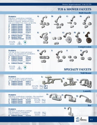 Laundry
Bar
Home Impressions®
FAUCETS
TUB & SHOWER FAUCETS
Compression
Multi-Handle
SPECIALTY FAUCETS
Wall-Mount
Meets ASME
A112.18.1M/
A112.18.1
Standards
Meets ASME
A112.18.1M/
A112.18.1
Standards
Meets ASME
A112.18.1M/
A112.18.1
Standards
Meets ASME
A112.18.1M/
A112.18.1
Standards
Meets ASME
A112.18.1M/
A112.18.1
Standards
A)
E)
I)
D)
H)
B)
F)
J)
L)
O) P) Q)
R)
M)
N)
C)
G) H) I)
K)
Features
Drip-free washerless cartridge.
Solid brass waterways. Lifetime
limited warranty. Maximum flow
rate 2.0 GPM (7.6L/min.) at 80 PSI.
A.	 Polished Chrome	 400704
B.	 Polished Chrome	 400712
C.	 Polished Chrome	 400713
D.	 Polished Chrome	 400706
E.	 Polished Chrome	 400703
F.	 Polished Chrome	 435651
	 (WaterSense does not apply)
G.	 Polished Chrome	 400705
H.	 Brushed Nickel	 401466
I.	 Oil-Rubbed Bronze	 401476
Features
For use in low water pressure
areas. Fits standard 8" installation.
Lifetime limited warranty.
H.	 Polished Chrome	 400699
I.	 Polished Chrome	 400700
J.	 Polished Chrome	 460427
	 (WaterSense does not apply)
K.	 Polished Chrome	 400702
Features
For use in low water pressure
areas. Lifetime limited warranty.
L.	 Polished Chrome	 400674
M.	 Polished Chrome	 400673
N.	 Polished Chrome	 441740
Features
Drip-free washerless cartridge. Fits standard
4" installation. Lifetime limited warranty.
O.	 Polished Chrome	 445325
P.	 Polished Chrome	 459488
Q.	 Polished Chrome	 460362
Features
Drip-free washerless cartridge.
Fits standard 4" installation.
Lifetime limited warranty.
R.	 Polished Chrome	 455732
11
 