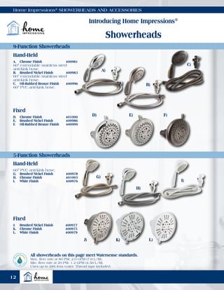 Hand-Held
Fixed
Hand-Held
Home Impressions®
SHOWERHEADS AND ACCESSORIES
60" PVC anti-kink hose.
G.	 Brushed Nickel Finish 	 400978
H.	 Chrome Finish	 401003
I.	 White Finish	 400976
J.	 Brushed Nickel Finish	 400977
K.	 Chrome Finish	 400975
L.	 White Finish	 400979
A.	 Chrome Finish	 400981
60" extendable stainless steel
anti-kink hose.
B.	 Brushed Nickel Finish	 400983
60" extendable stainless steel
anti-kink hose.
C.	 Oil-Rubbed Bronze Finish 	 400996
60" PVC anti-kink hose.
D.	 Chrome Finish	 401000
E.	 Brushed Nickel Finish	 400986
F.	 Oil-Rubbed Bronze Finish	 400999
All showerheads on this page meet Watersense standards.
Max. flow rate at 80 PSI: 2.0 GPM (7.6 L/M),
Min. flow rate at 20 PSI: 1.2 GPM (4.56 L/M).
Uses up to 28% less water. Thread tape included.
G)
J) K) L)
D) E) F)
H)
I)
Introducing Home Impressions®
Showerheads
9-Function Showerheads
5-Function Showerheads
Fixed
C)
A)
B)
12
 