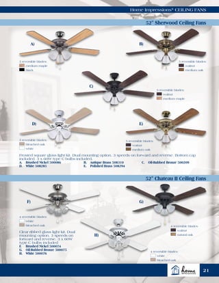Home Impressions®
CEILING FANS
Clear ribbed glass light kit. Dual
mounting option. 3 speeds on
forward and reverse. 3 x 60W
type C bulbs included
F.	 Brushed Nickel 500074
G.	 Oil-Rubbed Bronze 500075
H.	 White 500076
Frosted square glass light kit. Dual mounting option. 3 speeds on forward and reverse. Bottom cap
included. 3 x 60W type C bulbs included.
A.	 Brushed Nickel 500086	 B.	 Antique Brass 508310	 C.	 Oil-Rubbed Bronze 500209
D.	 White 508285	 E.	 Polished Brass 508294
52" Sherwood Ceiling Fans
52" Chateau II Ceiling Fans
5 reversible blades:
	walnut
	 medium oak
5 reversible blades:
	 medium maple
	black
5 reversible blades:
	walnut
	 medium oak
5 reversible blades:
	 bleached oak
	white
5 reversible blades:
	walnut
	 medium maple
C)
A)
D)
B)
E)
4 reversible blades:
	white
	 bleached oak
4 reversible blades:
	white
	 bleached oak 4 reversible blades:
	walnut
	 natural oak
F) G)
H)
21
 