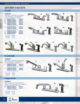 Home Impressions®
FAUCETS
Non-Metallic
Metallic
KITCHEN FAUCETS
Compression
Meets ASME
A112.18.1M/
A112.18.1
Standards
Meets ASME
A112.18.1M/
A112.18.1
Standards
Meets ASME
A112.18.1M/
A112.18.1
Standards
Features
Drip-free washerless cartridge.
Fits standard 8" installation.
Lifetime limited warranty.
A.	 Brushed Nickel	 400659
B.	 Polished Chrome	 400657
C.	 Polished Chrome	 400656
D.	 Polished Chrome	 400662
	 Polished Chrome	 400660
	(without sprayer)
E.	 Polished Chrome	 400665
	 Polished Chrome	 400663
	(without sprayer)
F.	 Polished Chrome	 400664
G.	 Polished Chrome	 400654
H.	 Brushed Nickel	 400655
Features
Drip-free washerless cartridge.
Fits standard 8" installation.
5-year limited warranty.
I.	 Polished Chrome	 400677
	 Polished Chrome	 400675
	(without sprayer)
J.	 Polished Chrome	 400679
	 Polished Chrome	 400678
	(without sprayer)
Features
For use in low water pressure
areas. Fits standard 8" installation.
Lifetime limited warranty.
K.	 Polished Chrome	 400672
	 Polished Chrome	 400671
	(without sprayer)
A) B)
C) D)
E) F) G) H)
I) J)
K)
8
 
