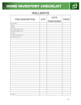 HALLWAYS
ITEM DESCRIPTION # OF
DATE
PURCHASED
PRICE
Humidifier
Rugs
Mirrors
Paintings (attach list)
Pictures (attach list)
Chairs
Furniture (attach list)
Additional Items
TOTAL
13
 