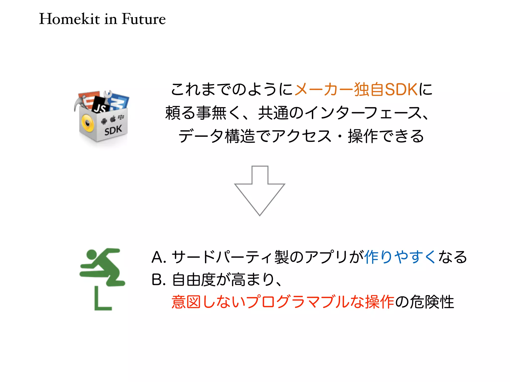 Homekit in Future 
これまでのようにメーカー独自SDKに 
頼る事無く、共通のインターフェース、 
データ構造でアクセス・操作できる 
A. サードパーティ製のアプリが作りやすくなる 
B. 自由度が高まり、 
意図しないプログラマブルな操作の危険性 
 