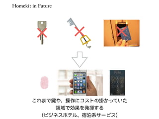 Homekit in Future 
× × × 
これまで鍵や、操作にコストの掛かっていた 
領域で効果を発揮する 
（ビジネスホテル、宿泊系サービス） 
 