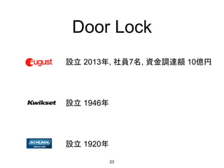 Door Lock
23
設立 2013年, 社員7名, 資金調達額 10億円
設立 1946年
設立 1920年
 