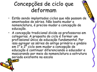Concepções de ciclo que deformam Estão sendo implantados ciclos que não passam de amontoados de séries. Não basta mudar a nomenclatura, é preciso mudar a concepção de educação. A concepção tradicional divide os professores em categorias. A proposta do ciclo é formar um profissional único de educação fundamental. Por isso agregar as séries do antigo primário e ginásio em 1° e 2° ciclo sem mudar a concepção de educação é continuar diferenciando o educador e mascarando por meio da nomenclatura a estrutura seriada existente na escola 