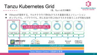 Tanzu Kubernetes Grid
 VMwareṩ롢ޥ饦K8s饹PΌ륽`
 ץǤ⡢ѥ֥Ǥ⡢ͬķͬK8s饹QȤܤʼg
17
򡢤äȤB飩
7 with Tanzu 6.7U3 6.7 U3 us-east-1 eu-west-1 ap-south-1
VMC on AWS
Amazon
AWS EC2
Microsoft
Azure
(GCP
⌝趨)
ץߥ ѥ֥å?饦
API-driven Infrastructure (Cluster API)
Tanzu Mission Control ͸^Ĥʹ
TKG TKG TKG TKG TKG TKG TKG
򤪤ޤ
 