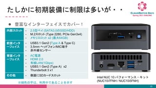 ˳װޤ϶त??
 Nʥ󥿩`եǥЩ`
22
ڲå - 2.5ͥ٥ (SATA3.0SSD/HDD)
- M.2å (Type 2280, PCIe Gen3x4)
- ꥹå x2 (64GB)
ǰ楤
`ե
- USB3.1 Gen2 (Type A & Type C)
- 3.5mm إåɥե/MIC
- ⾀󥵩`
楤
`ե
- ACԴ
- HDMI 2.0
- оLAN(1Gbps)
- USB3.1 Gen2 (Type A) x2
- Thunderbolt 3 x1
 - SD`ɥå
Intel NUC 10 ѥե`ޥ?å
(NUC10i7FNH / NUC10i5FNH)
vɫ֤ϡФǤ뤳Ȥʾ
 