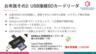 ʩ2: USBӾASD`ɥ`
 ǰSSD OSIˡǤʤVMFS-LI򣨥׵Ȥ;
Фä
 Ubuntu LiveCDȤǥ֩`Ȥ뤳ȤǡIܡ
 äƤSD`ɤä
 NUC֤SD`ɥåȤǤϡ֩`ȤǤʤä
 USB Slotϥ֩`ȌȤʤΤǡץƥIäƤߤ
24
SD/Micro SDIꥫ`ɥ`
ُr΁:  799
Type-C/Type-AIꡣ
Ubuntu LiveCDpartedޥ
ɤǡVMFS-LǤ
ӋͶY~ :  315,741
 