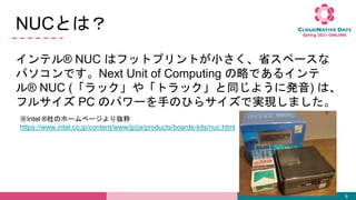 NUCȤϣ
9
ƥ? NUC ϥեåȥץȤСʡک`
ѥǤNext Unit of Computing ԤǤ륤
? NUC (å䡸ȥåͬ褦˰k) ϡ
ե륵 PC Υѥ`֤ΤҤ饵ǌgFޤ
Intel ?Υ۩`ک`i
https://www.intel.co.jp/content/www/jp/ja/products/boards-kits/nuc.html
 