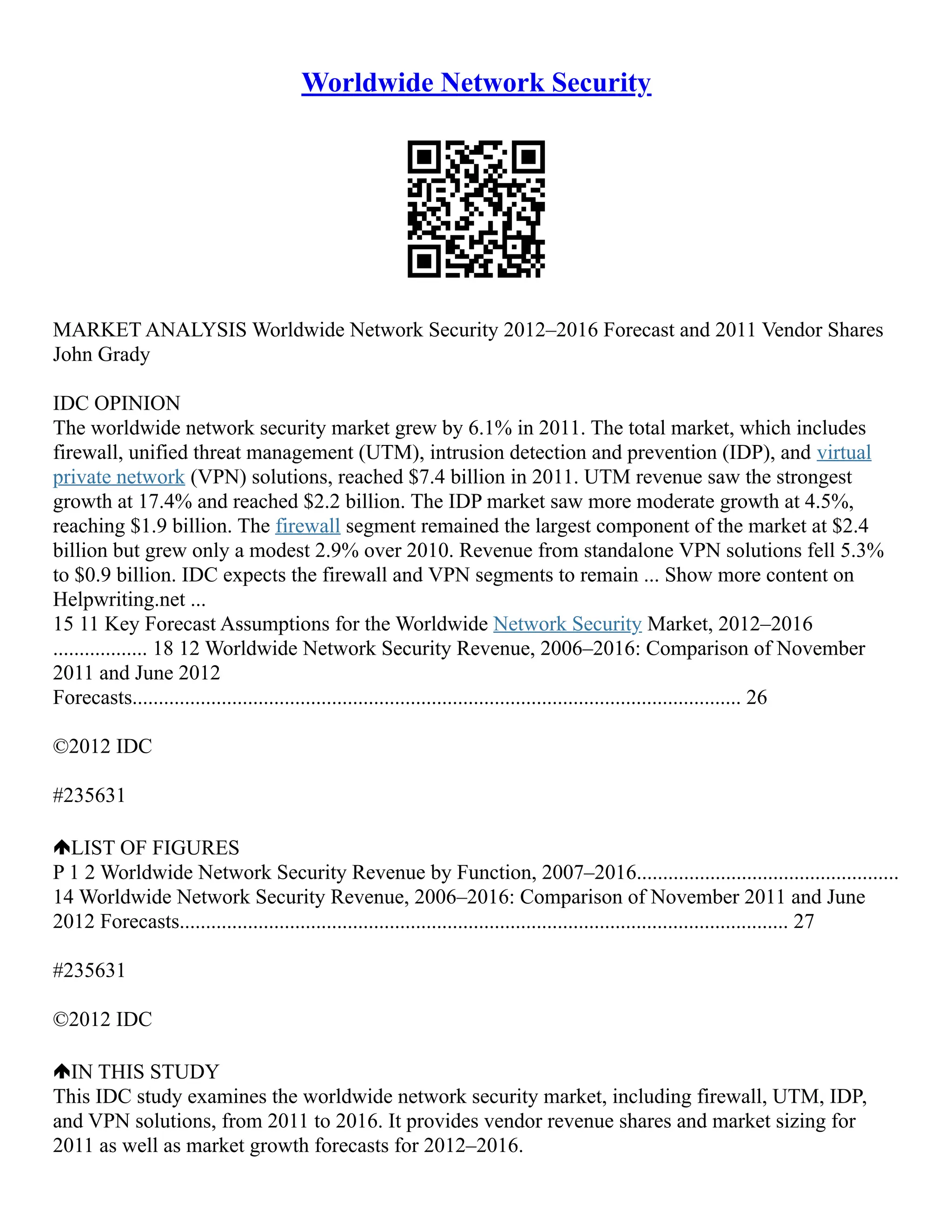 Worldwide Network Security
MARKET ANALYSIS Worldwide Network Security 2012–2016 Forecast and 2011 Vendor Shares
John Grady
IDC OPINION
The worldwide network security market grew by 6.1% in 2011. The total market, which includes
firewall, unified threat management (UTM), intrusion detection and prevention (IDP), and virtual
private network (VPN) solutions, reached $7.4 billion in 2011. UTM revenue saw the strongest
growth at 17.4% and reached $2.2 billion. The IDP market saw more moderate growth at 4.5%,
reaching $1.9 billion. The firewall segment remained the largest component of the market at $2.4
billion but grew only a modest 2.9% over 2010. Revenue from standalone VPN solutions fell 5.3%
to $0.9 billion. IDC expects the firewall and VPN segments to remain ... Show more content on
Helpwriting.net ...
15 11 Key Forecast Assumptions for the Worldwide Network Security Market, 2012–2016
.................. 18 12 Worldwide Network Security Revenue, 2006–2016: Comparison of November
2011 and June 2012
Forecasts.................................................................................................................... 26
©2012 IDC
#235631
LIST OF FIGURES
P 1 2 Worldwide Network Security Revenue by Function, 2007–2016..................................................
14 Worldwide Network Security Revenue, 2006–2016: Comparison of November 2011 and June
2012 Forecasts.................................................................................................................... 27
#235631
©2012 IDC
IN THIS STUDY
This IDC study examines the worldwide network security market, including firewall, UTM, IDP,
and VPN solutions, from 2011 to 2016. It provides vendor revenue shares and market sizing for
2011 as well as market growth forecasts for 2012–2016.
 