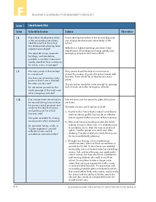 F-4 BUILDINGS AND INFRASTRUCTURE PROTECTION SERIES
BUILDING VULNERABILITY ASSESSMENT CHECKLISTF
Section 1 School Grounds (Site)
Section Vulnerability Question Guidance Observations
1.8 Have future development plans
in the surrounding area been
identified and has the school
site development planning been
adjusted accordingly?
Are separate wings, separate
buildings, and standalone,
portable or modular classrooms
readily identified from a distance
by colors, icons, or signage?
Future development plans in the surrounding area
can change the threat and vulnerability of the
school.
Reflective or lighted markings are ideal. Clear
identification of buildings and areas greatly aids
emergency response and rescue efforts.
1.9 Are entry points to the site kept
to a minimum?
Are there are at least two entry
points so that if one is blocked,
the other can be used?
Do site entries provide for the
ready passage of fire trucks and
other emergency vehicles?
Entry points should be kept to a minimum to
reduce the number of points the school needs staff;
however, there should be at least be two entry
points.
The site entries should be wide enough for passage
by fire trucks and other emergency vehicles.
1.10 Can unsupervised site entrances
be secured during low-use times
for access control purposes and
reinforce the idea that access
and parking are for school
business only?
Are gates available for closing
access points when necessary?
Do perimeter fences, walls, or
“hostile vegetation” provide
sufficient access control,
surveillance and territoriality?
Site entrances can be secure by gates during low-
use times.
Perimeter access control options include:
a. A solid wall or fence blocks natural surveillance
and can attract graffiti, but can be an effective
barrier against bullets and can enhance privacy.
b. Wire mesh fencing usually provides foot holds,
making it easy to climb over; it is relatively easy
to vandalize, but is often the most economical
option. Smaller gauge wire mesh may deter
climbing. Powder-coated wire mesh fencing can
be more aesthetically pleasing.
c. Wrought iron fencing is low maintenance,
vandal resistant, does not block surveillance or
provide foot holds. A short fence can establish
territoriality, but is of limited value for controlling
access. Tall, continual fencing can significantly
restrict access, but may also block a pedestrian
path serving students who walk to and from
school, forcing them to take a longer route
where they are more exposed to traffic, crime,
or environmental hazards. A compromise such
as installing lockable gates at selected locations
that would define likely entry points, and provide
the school with the ability to further secure the
site and also create an unexpected barrier for
unauthorized users.
 