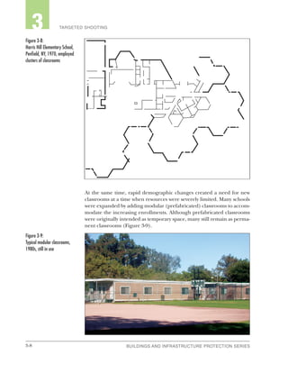 3-8 BUILDINGS AND INFRASTRUCTURE PROTECTION SERIESBUILDINGS AND INFRASTRUCTURE PROTECTION SERIES
2 TARGETED SHOOTING3
At the same time, rapid demographic changes created a need for new
classrooms at a time when resources were severely limited. Many schools
were expanded by adding modular (prefabricated) classrooms to accom-
modate the increasing enrollments. Although prefabricated classrooms
were originally intended as temporary space, many still remain as perma-
nent classrooms (Figure 3-9).
Figure 3-8:
Harris Hill Elementary School,
Penfield, NY, 1970, employed
clusters of classrooms
Figure 3-9:
Typical modular classrooms,
1980s, still in use
 