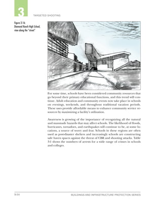 3-14 BUILDINGS AND INFRASTRUCTURE PROTECTION SERIESBUILDINGS AND INFRASTRUCTURE PROTECTION SERIES
2 TARGETED SHOOTING3
For some time, schools have been considered community resources that
go beyond their primary educational functions, and this trend will con-
tinue. Adult education and community events now take place in schools
on evenings, weekends, and throughout traditional vacation periods.
These uses provide affordable means to enhance community service re-
sources by maximizing a facility’s utilization.
Awareness is growing of the importance of recognizing all the natural
and manmade hazards that may affect schools. The likelihood of floods,
hurricanes, tornadoes, and earthquakes will continue to be, at some lo-
cations, a source of worry and fear. Schools in these regions are often
used as post-disaster shelters and increasingly schools are constructing
safe haven spaces against the threat of CBR and shooting attacks. Table
3-1 shows the numbers of arrests for a wide range of crimes in schools
and colleges.
Figure 3-16:
Diamond Ranch High School,
view along the “street”
 